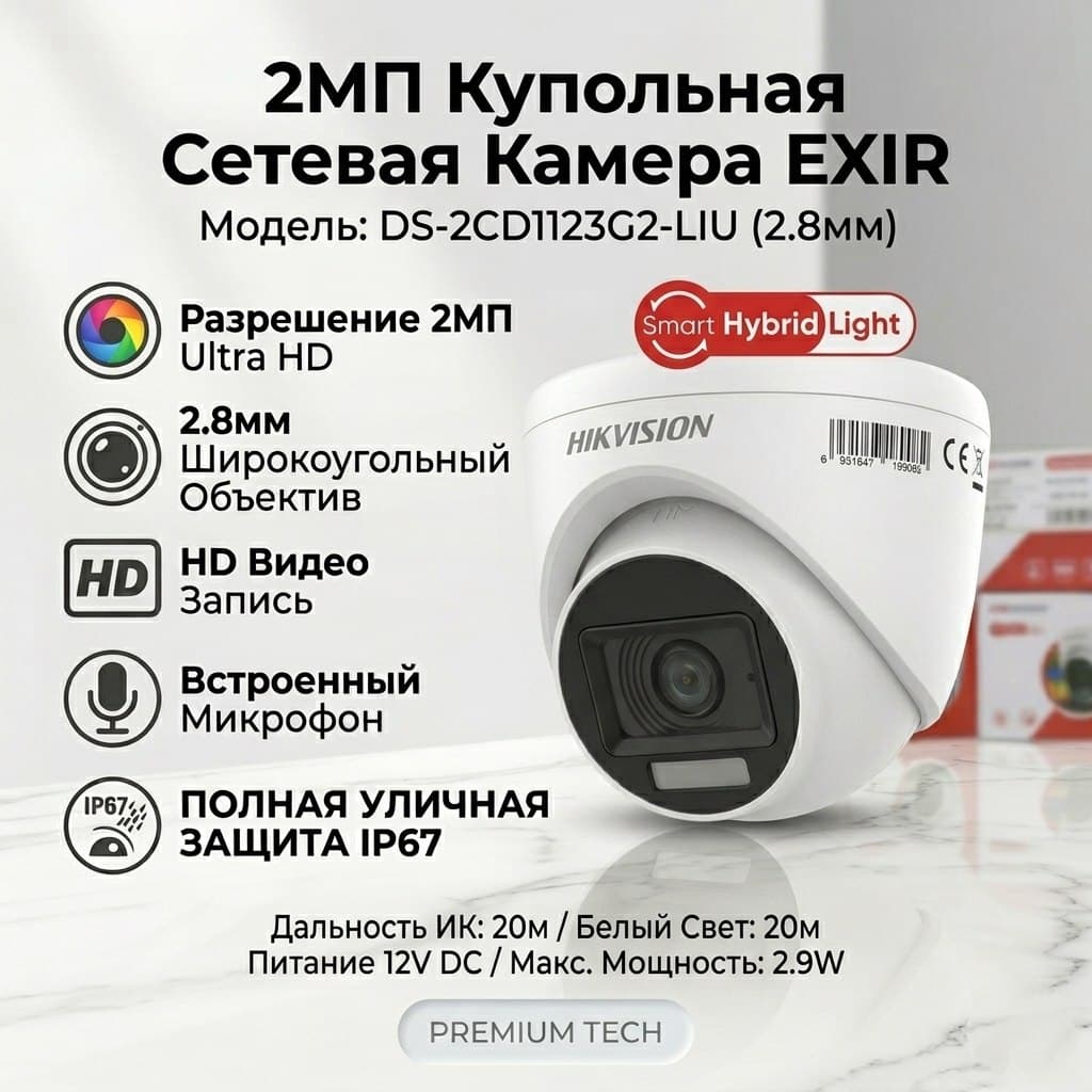 Камера IP Hikvision DS-2CD1123G2-LIU 2mp звук