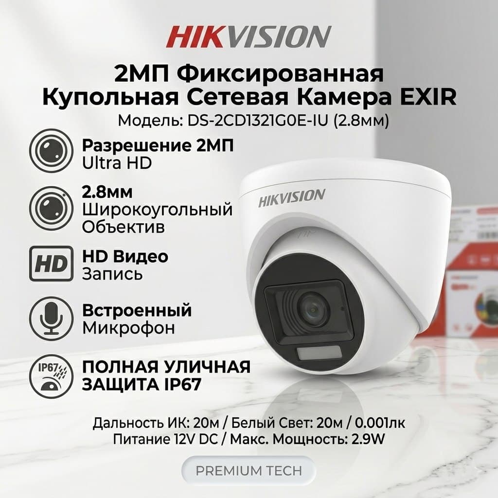 Камера IP Hikvision DS-2CD1321G0E-IU 2.8mm 2mp микр