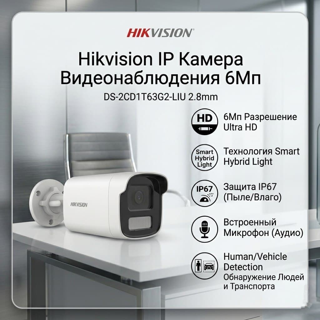 Камера IP Hikvision DS-2CD1T63G2 LIU 4mm 6mp микр