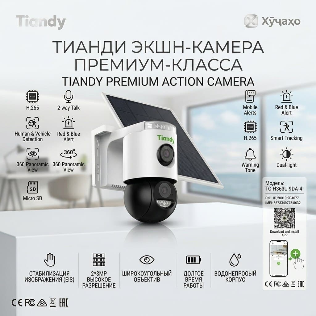 Камера наблюдены Tiandy PTZ TC-H363U 3mp IP 360град солнечный заряд микраф симкарт